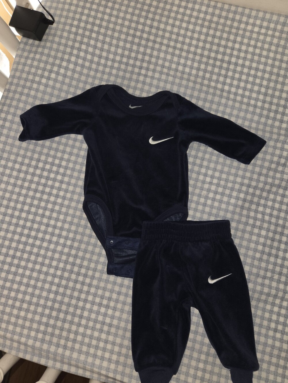 Nike Navy and White Baby Velour Bodysuit & Pants Set